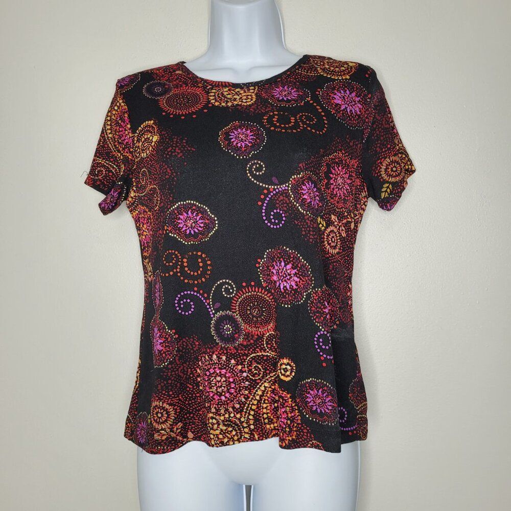 Vintage y2k 90s black pink gold whimsy flower print short sleeve witchy top S